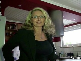 German amateur MILF in lingerie gets her big tits fucked by neighbor